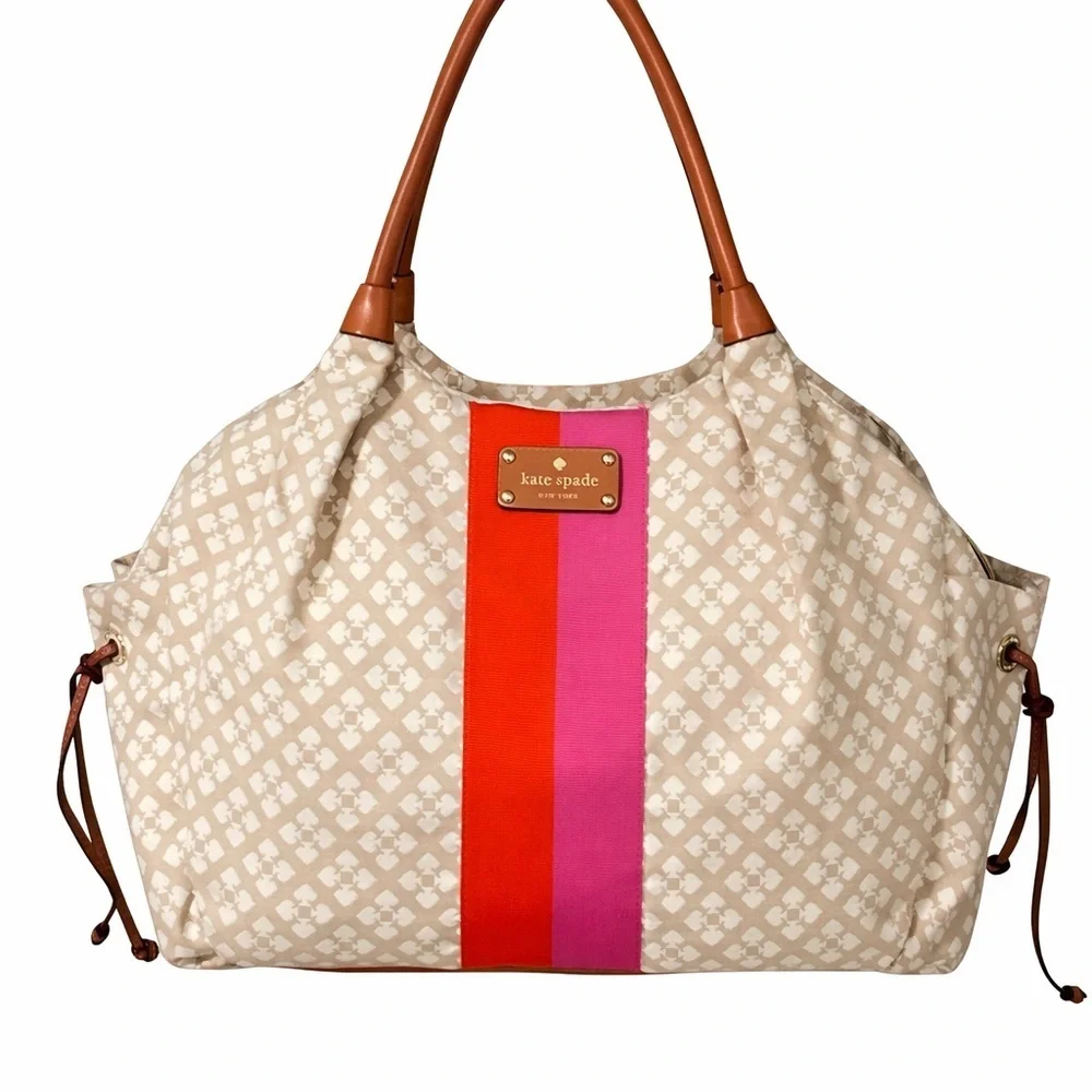Kate Spade Canvas Tote Bag Beige Pink Stripe Large Travel Shoulder Chic